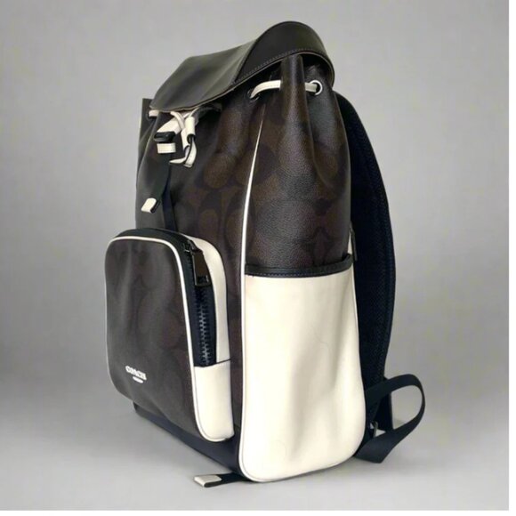 COACH CY775 Racer Backpack Blocked Signature Canvas Leather Walnut Chalk - Picture 3 of 13